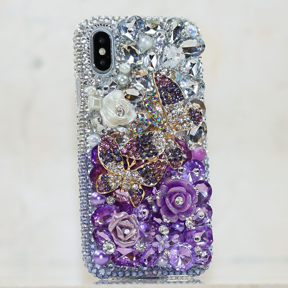 Bling Lavender Butterfly Rose Florals Genuine Purple Crystals Diamond Sparkle Case For iPhone X XS Max XR 7 8 Plus Samsung Galaxy S9 Note 9