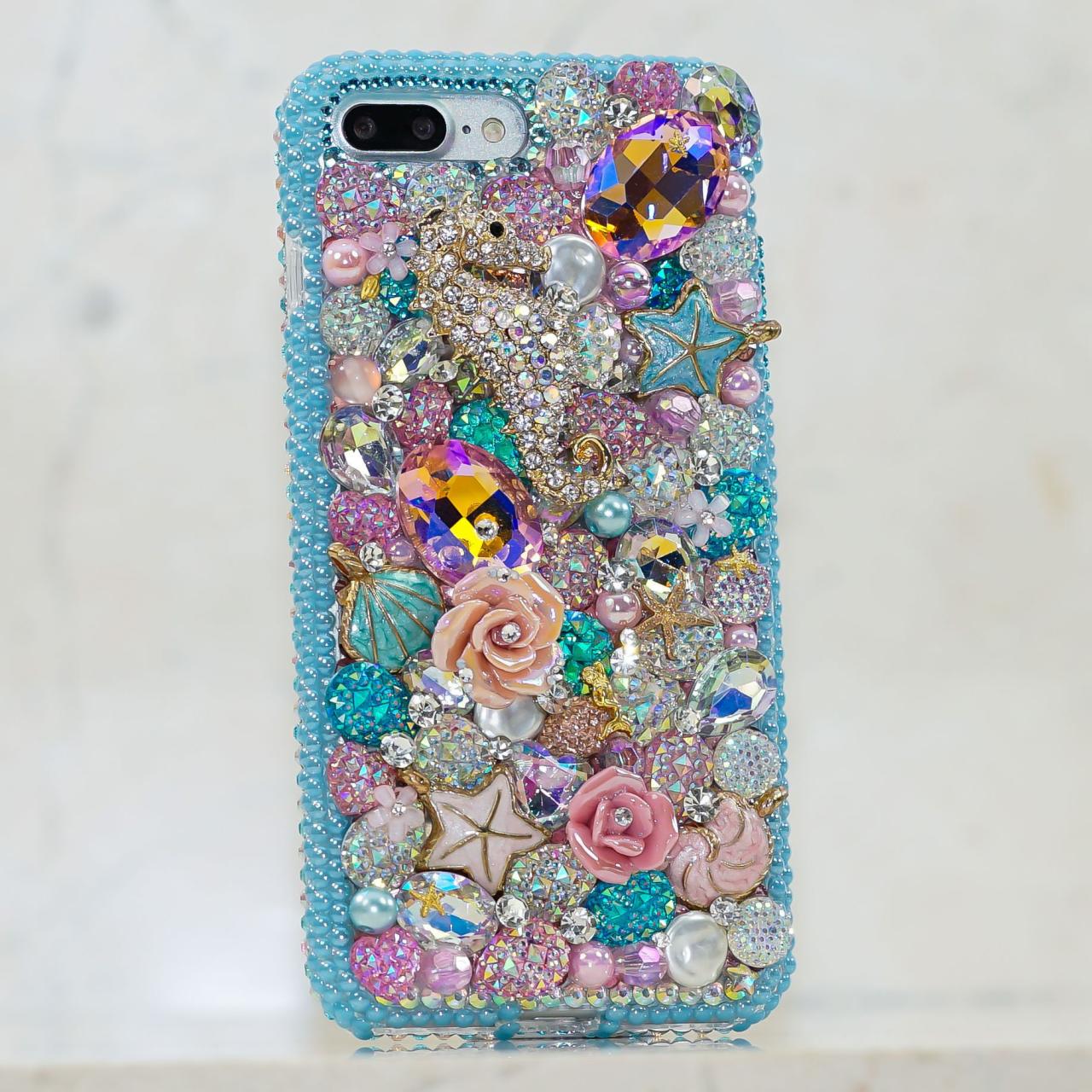 Bling Sea Horse Floral Rose Garden Blue Reef Genuine Crystals Diamond Sparkle Case For iPhone X XS Max XR 7 8 Plus Samsung Galaxy S9 Note 9