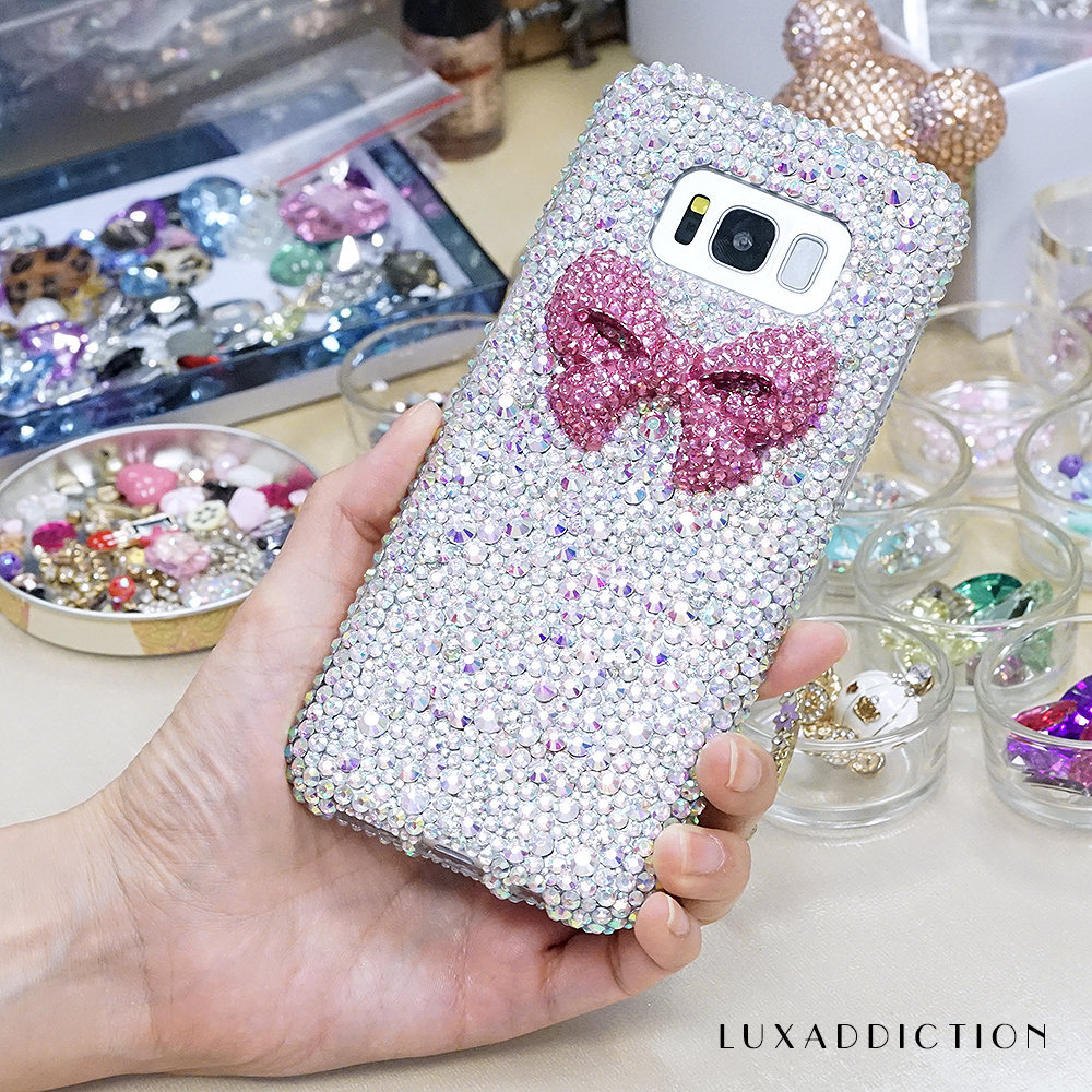 Bling 3D Pink Bow Genuine AB Crystals Diamond Sparkle Easy Grip Case For iPhone X XS Max XR 7 8 Plus Samsung Galaxy S9 Note 9