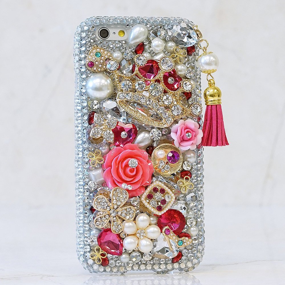Bling Gold Diamond Crown Pink Tassel White Pearls Genuine Crystals Sparkle Case For iPhone X XS Max XR 7 8 Plus Samsung Galaxy S9 Note 9