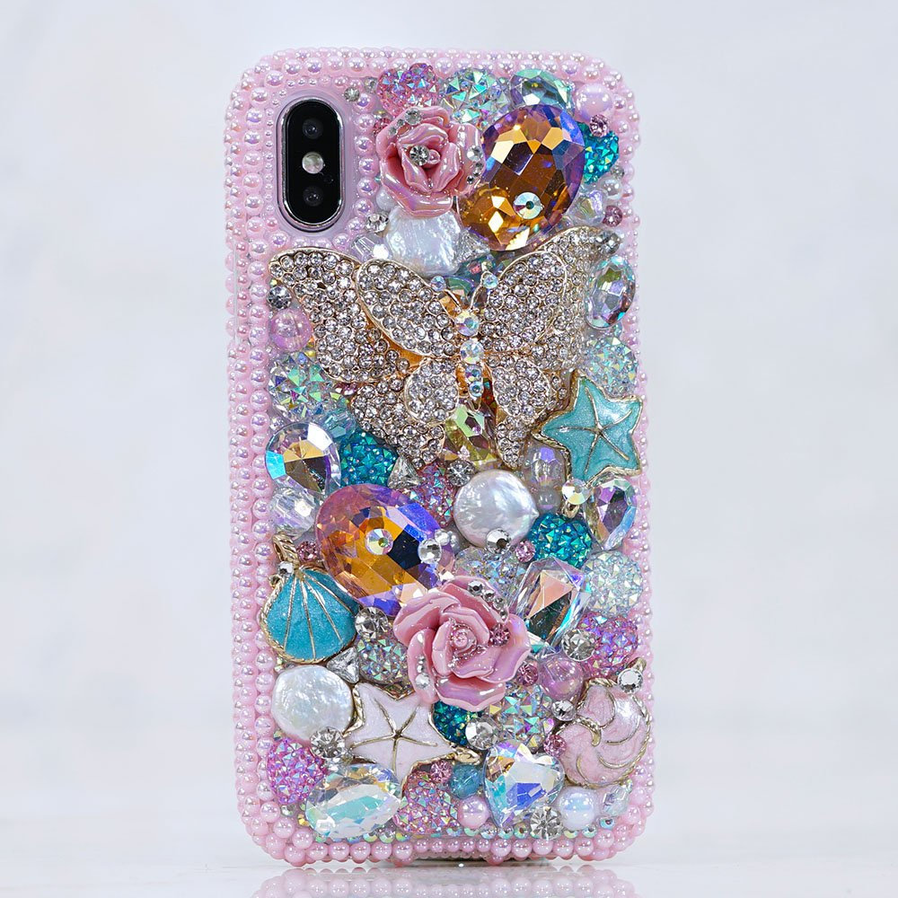 Bling Butterfly Paradise Pink Pearls Rose Genuine Crystals Diamond Sparkle Case For iPhone X XS Max XR 7 8 Plus Samsung Galaxy S9 Note 9