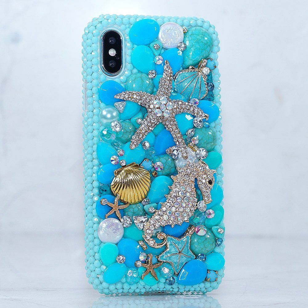 Bling Turquoise Sea Horse Star Gold Shell Genuine Crystals Diamond Stone Sparkle Case For iPhone X XS Max XR 7 8 Plus Samsung Galaxy S9 Note