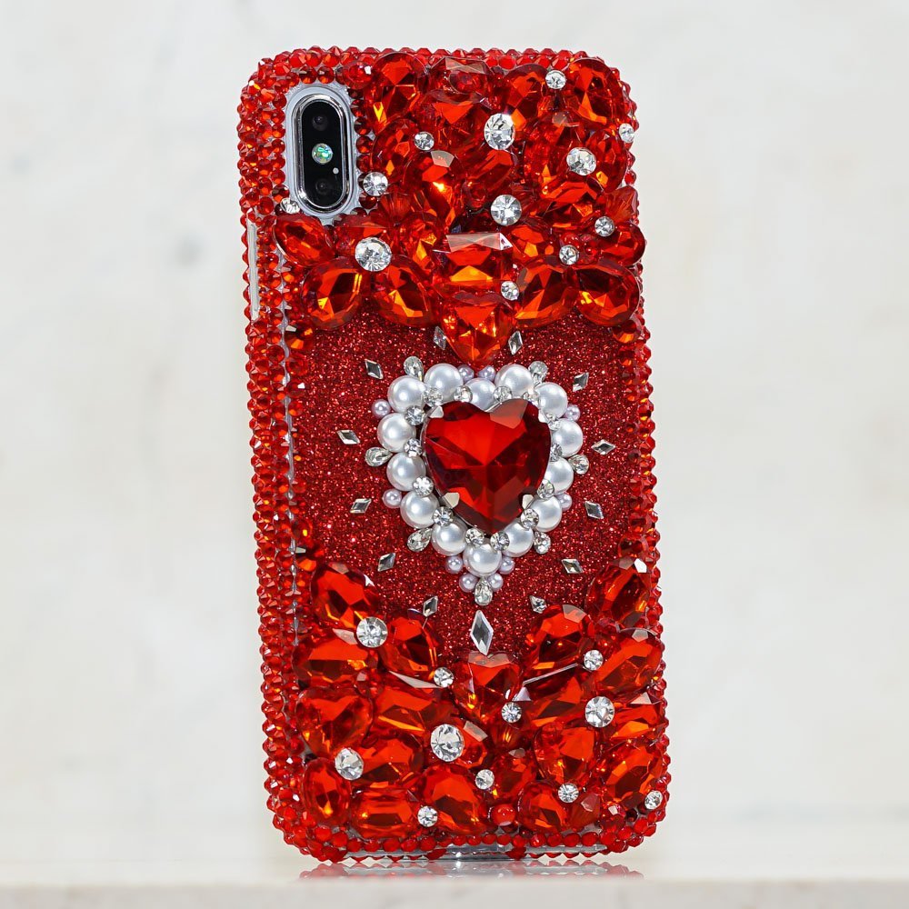 Bling Bright Red Gem Stones Genuine Crystals Diamond Heart Sparkle Glitter Case For iPhone X XS Max XR 7 8 Plus Samsung Galaxy S9 Note 9