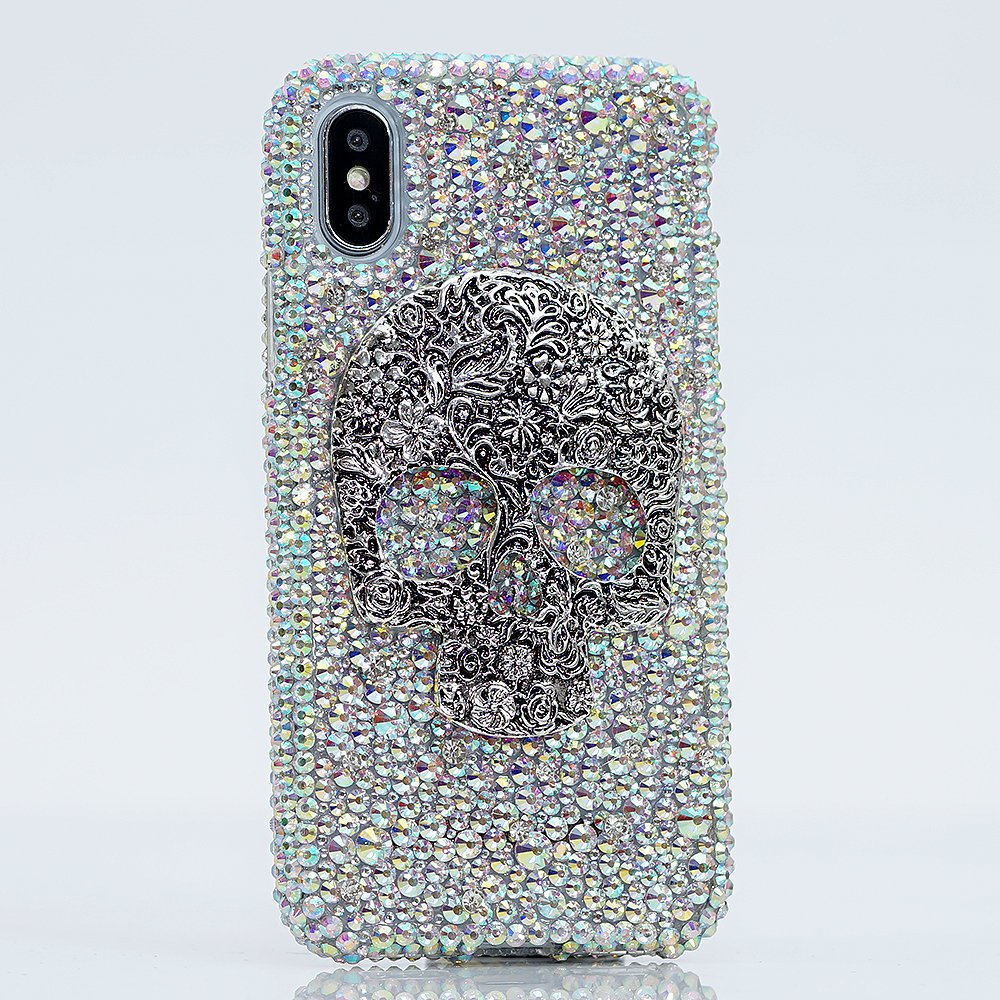 Bling Skull Genuine AB Crystals Diamond Sparkle Easy Grip Case For iPhone X XS Max XR 7 8 Plus Samsung Galaxy S9 Note 9 Gift For Her