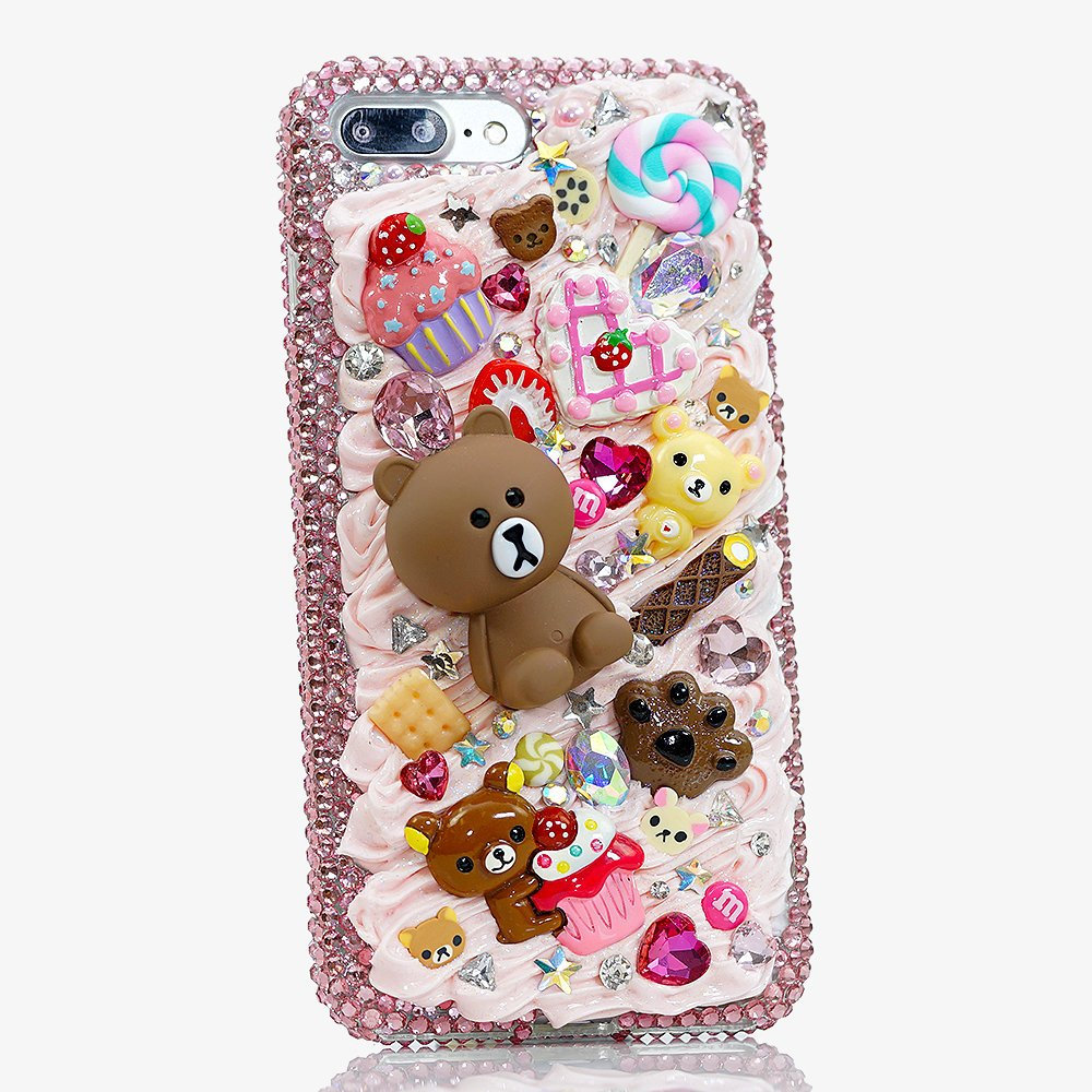 Bling Yummy Bears Creamy Cake Genuine Pink Crystals Diamond Sparkle Heart Case For iPhone X XS Max XR 7 8 Plus Samsung Galaxy S9 Note 9