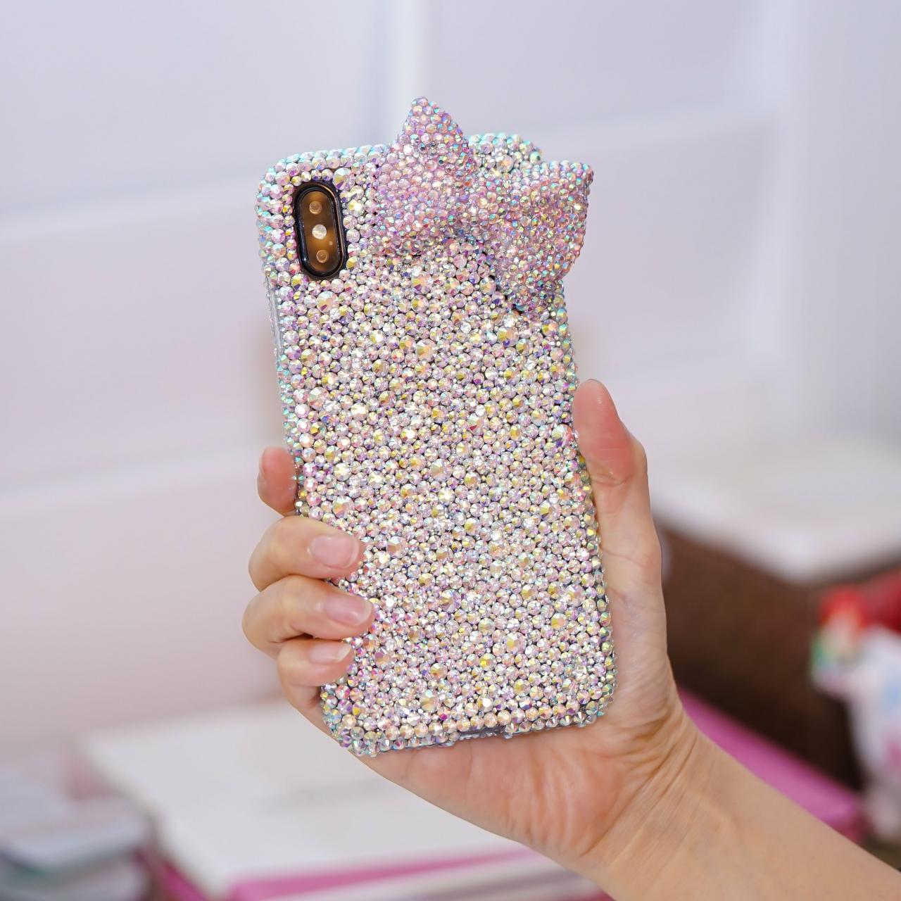 Bling Baby Pink Bow Genuine AB Crystals Diamond Sparkle Easy Grip Case Cover For iPhone X XS Max XR 7 8 Plus Samsung Galaxy S9 S8 Plus Note