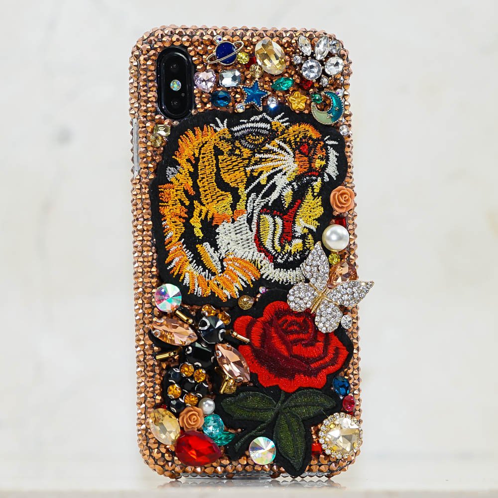 Tiger Rose Pearls Tattoo Gold Genuine Copper Crystals Diamond Sparkle Case For iPhone X XS Max XR 7 8 Plus Samsung Galaxy S9 Note 9 / 8
