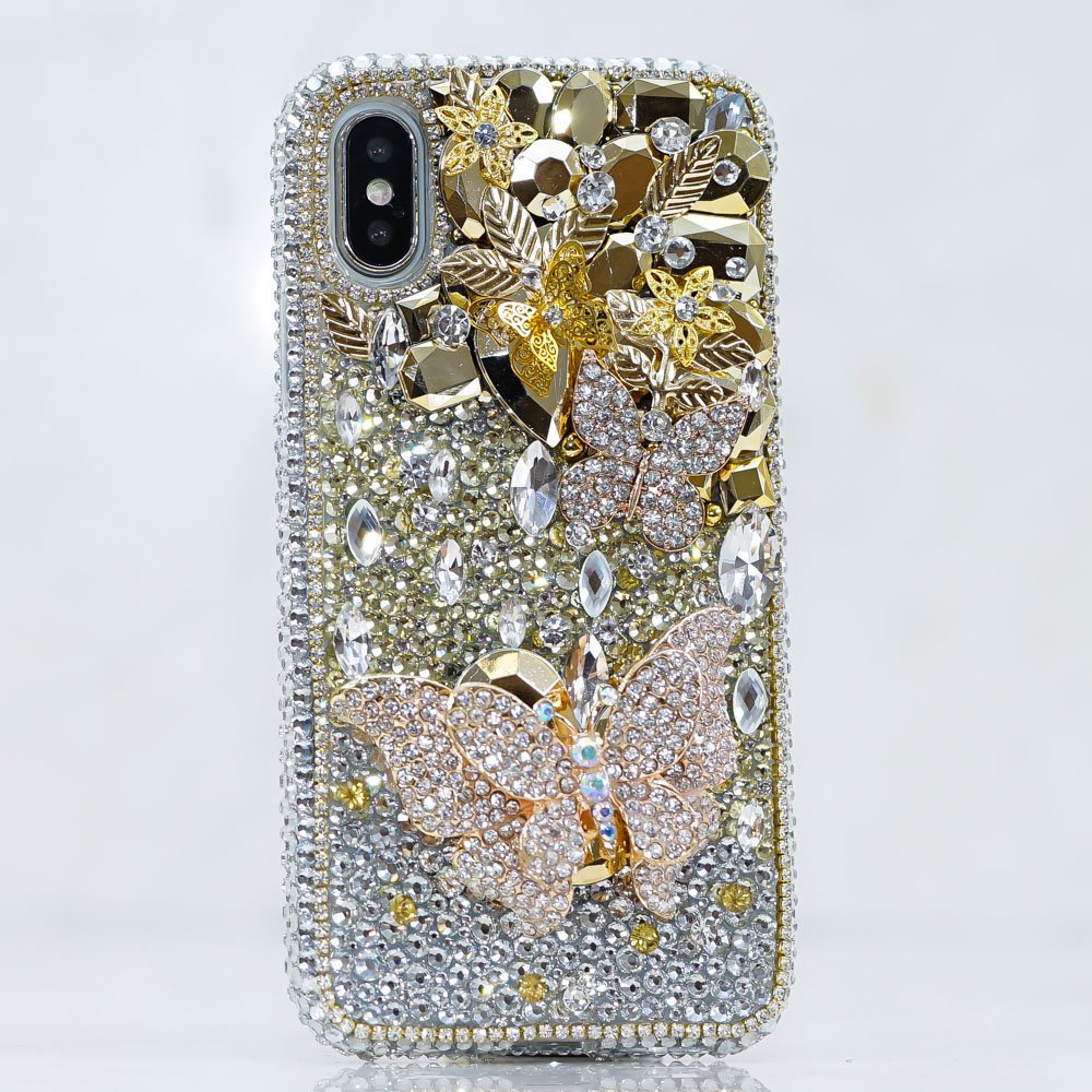 Bling Golden Butterfly Clear Gem Stones Genuine Crystals Diamond Sparkle Case For iPhone X XS Max XR 7 8 Plus Samsung Galaxy S9 Plus Note 9