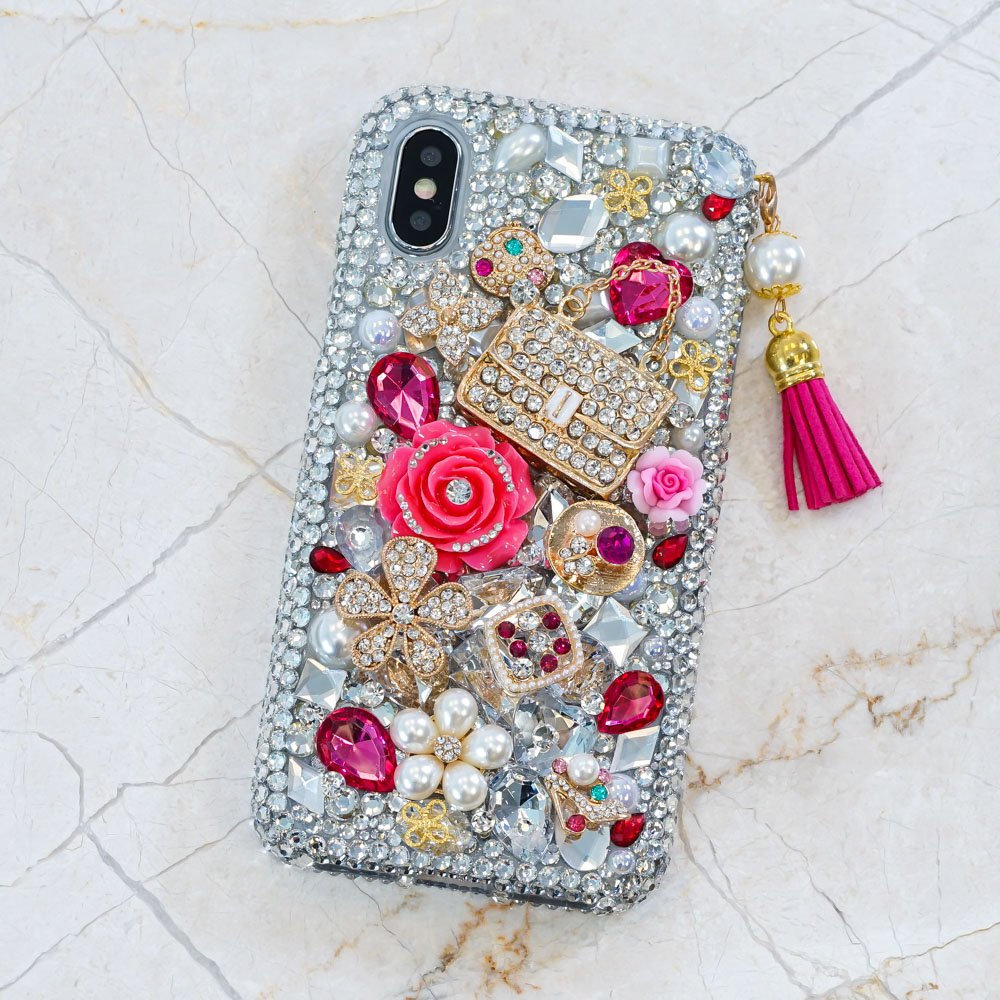 Fashion Purse Roses Flowers Tassel Phone Charm Genuine Crystals Diamond Sparkle Case For iPhone X XS Max XR 7 8 Plus Samsung Galaxy S9 Note