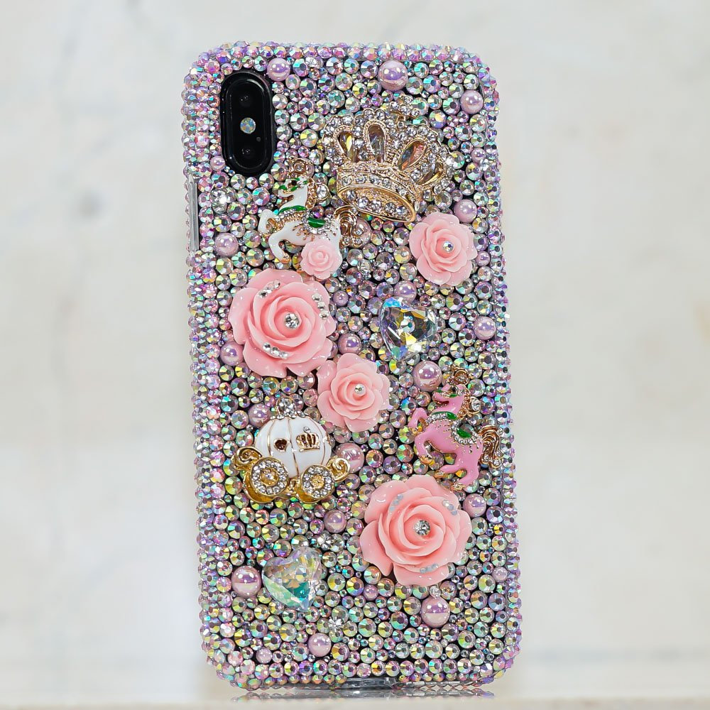 Bling Fairytale Princess Genuine Baby Pink Crystals Roses Crown Diamond Sparkle Case For iPhone X XS Max XR 7 8 Plus Samsung Galaxy Note