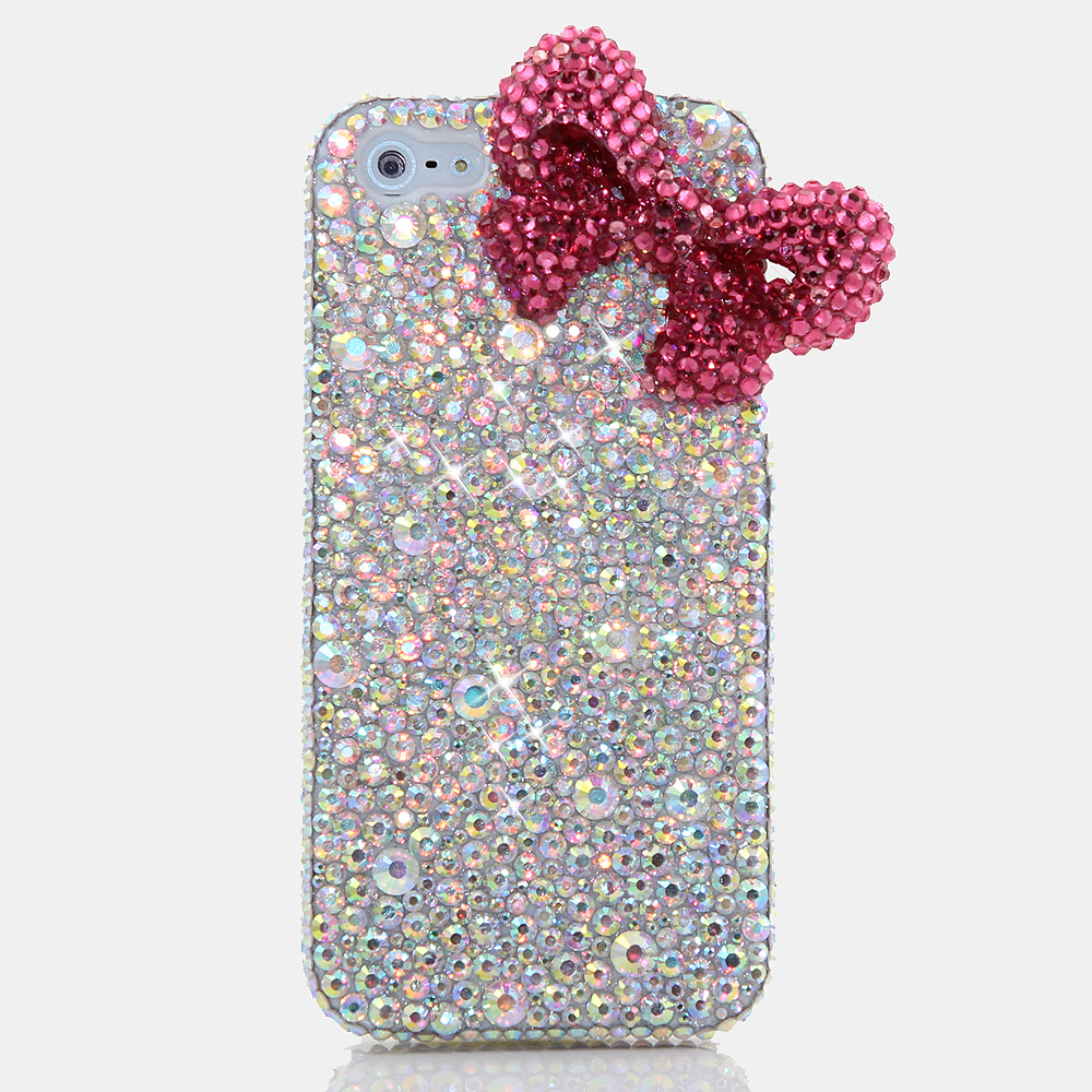 Bling Crystals Phone Case for iPhone 6 / 6s, iPhone 6 / 6s PLUS, iPhone 4, 5, 5S, 5C, Samsung Note 2, Note 3, Note 4, Galaxy S3, S4, S5, S6, S6 Edge, HTC ONE M9 (FUSHIA BOW WITH AB CRYSTALS DESIGN) By LuxAddiction
