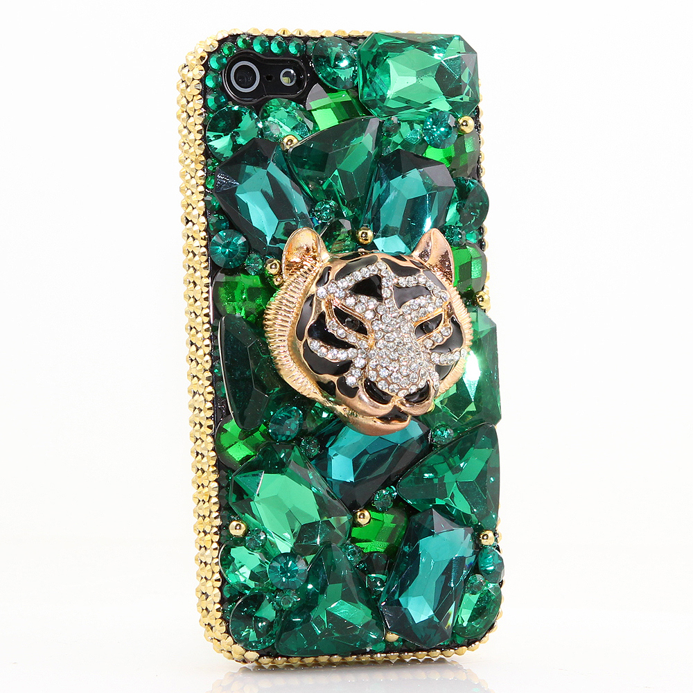 Bling Crystals Phone Case for iPhone 6 / 6s, iPhone 6 / 6s PLUS, iPhone 4, 5, 5S, 5C, Samsung Note 2, Note 3, Note 4, Galaxy S3, S4, S5, S6, S6 Edge, HTC ONE M9 (EMERALD TIGER DESIGN ) By LuxAddiction