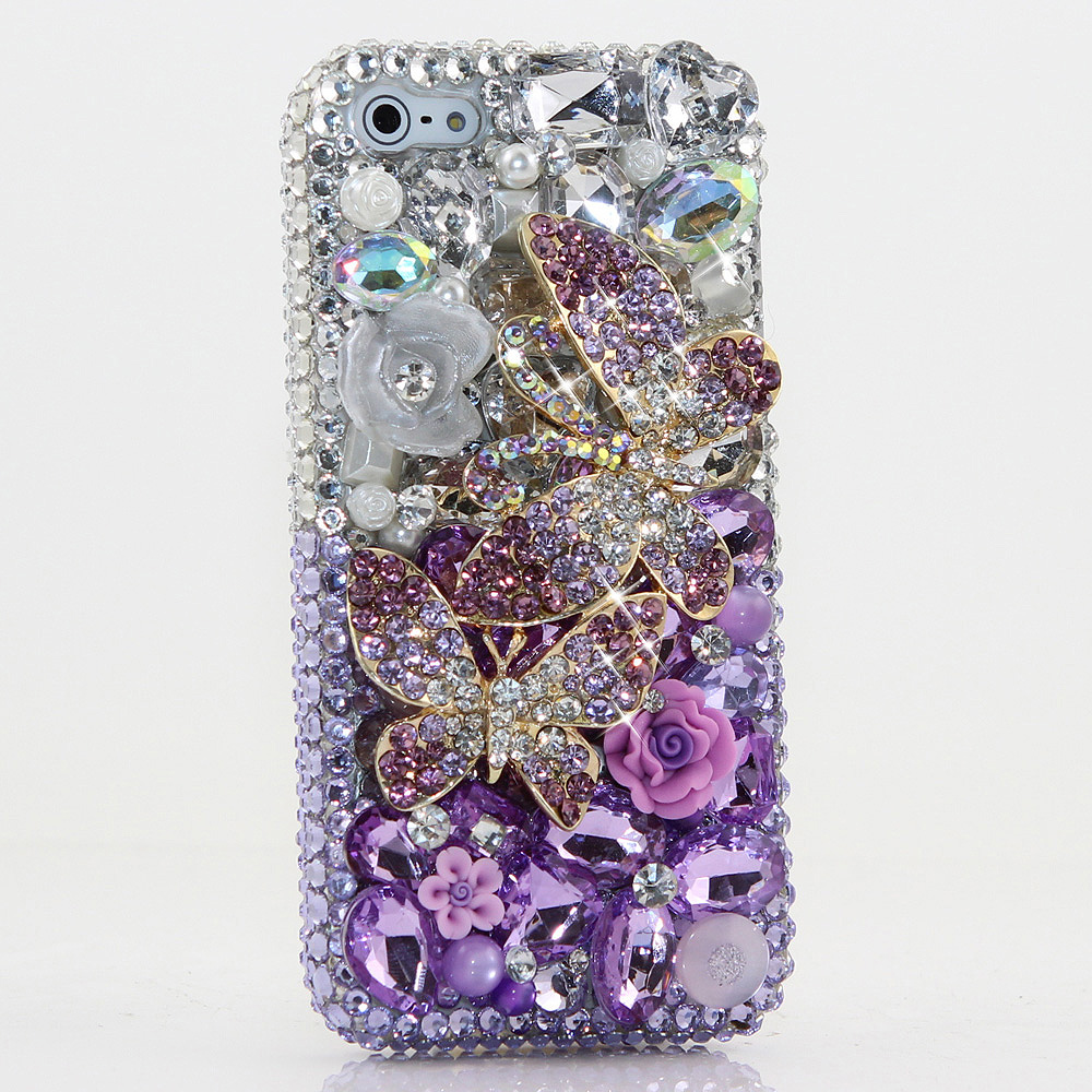Bling Crystals Phone Case for iPhone 6 / 6s, iPhone 6 / 6s PLUS, iPhone 4, 5, 5S, 5C, Samsung Note 2, Note 3, Note 4, Galaxy S3, S4, S5, S6, S6 Edge, HTC ONE M9 (LAVENDER BUTTERFLY DESIGN ) By LuxAddiction