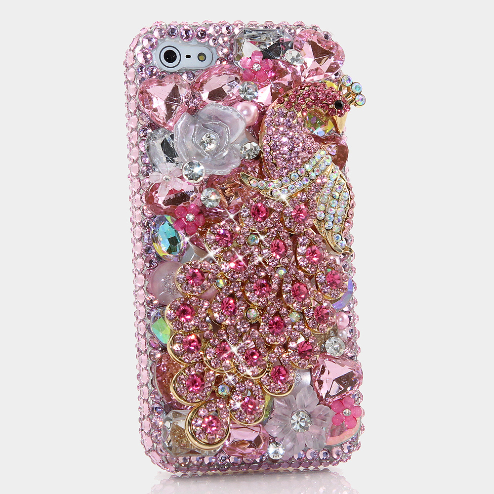 Bling Crystals Phone Case for iPhone 6 / 6s, iPhone 6 / 6s PLUS, iPhone 4, 5, 5S, 5C, Samsung Note 2, Note 3, Note 4, Galaxy S3, S4, S5, S6, S6 Edge, HTC ONE M9 (PINK PEACOCK DESIGN) By LuxAddiction