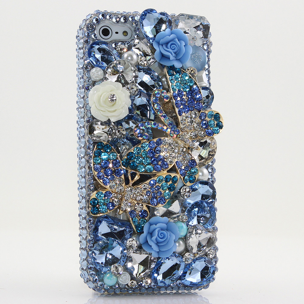 Bling Crystals Phone Case for iPhone 6 / 6s, iPhone 6 / 6s PLUS, iPhone 4, 5, 5S, 5C, Samsung Note 2, Note 3, Note 4, Galaxy S3, S4, S5, S6, S6 Edge, HTC ONE M9 (SPRING BLUE DOUBLE BUTTERFLY DESIGN) By LuxAddiction