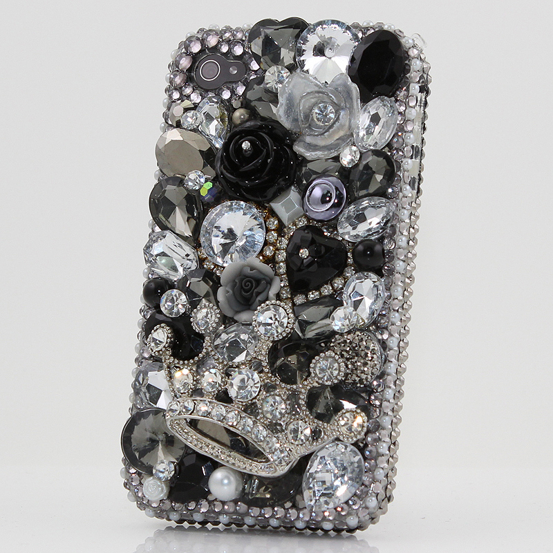 Bling Crystals Phone Case for iPhone 6 / 6s, iPhone 6 / 6s PLUS, iPhone 4, 5, 5S, 5C, Samsung Note 2, Note 3, Note 4, Galaxy S3, S4, S5, S6, S6 Edge, HTC ONE M9 (SILVER DIAMOND CROWN BLACK AND WHITE DESIGN) By LuxAddiction