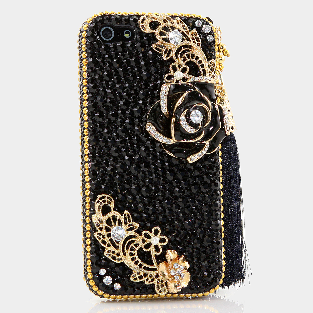 Bling Crystals Phone Case for iPhone 6 / 6s, iPhone 6 / 6s PLUS, iPhone 4, 5, 5S, 5C, Samsung Note 2, Note 3, Note 4, Galaxy S3, S4, S5, S6, S6 Edge, HTC ONE M9 (ELEGANT BLACK AND GOLD WITH TASSLE DESIGN) By LuxAddiction