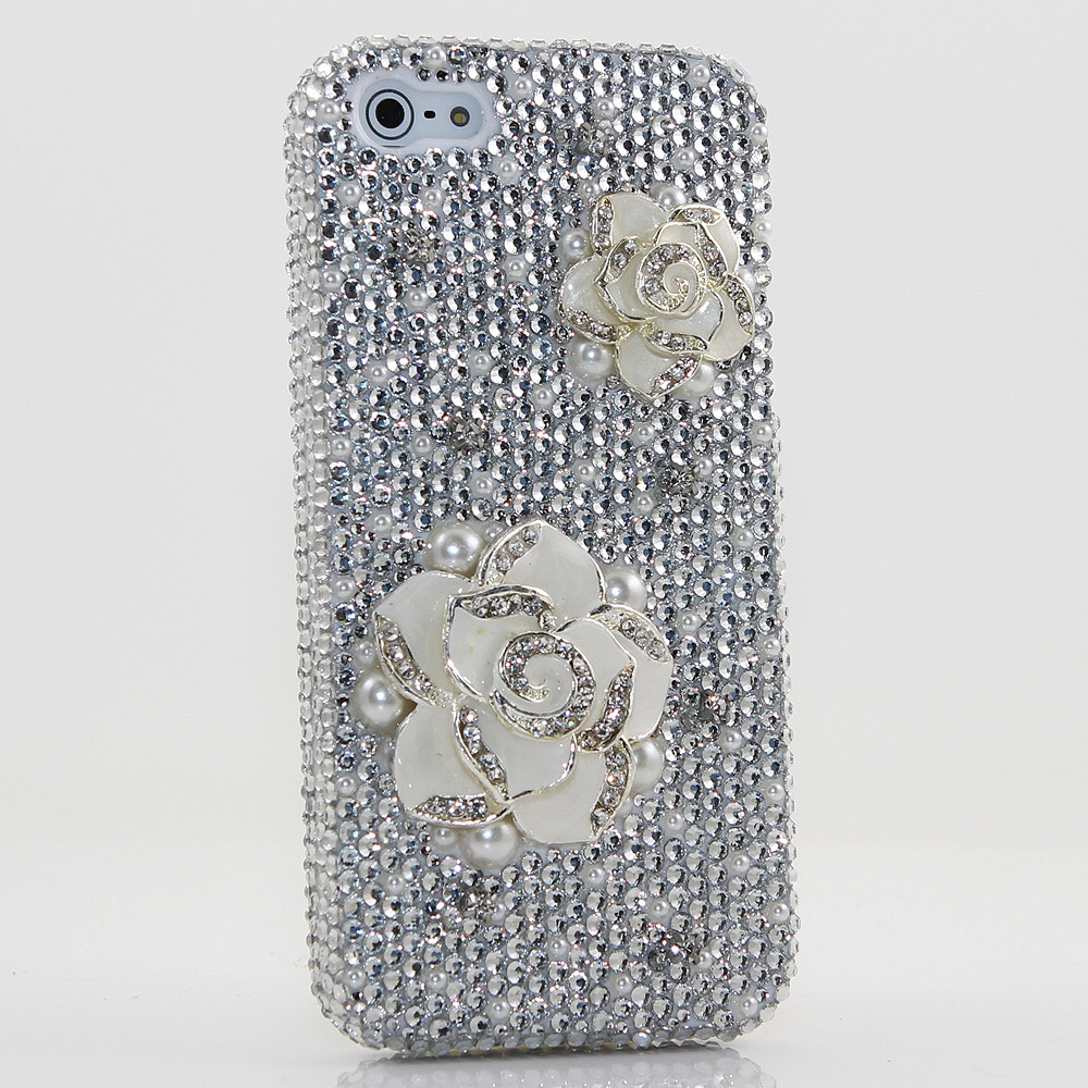 Bling Crystals Phone Case for iPhone 6 / 6s, iPhone 6 / 6s PLUS, iPhone 4, 5, 5S, 5C, Samsung Note 2, Note 3, Note 4, Galaxy S3, S4, S5, S6, S6 Edge, HTC ONE M9 (PLAIN WHITE ROSE DESIGN) By LuxAddiction