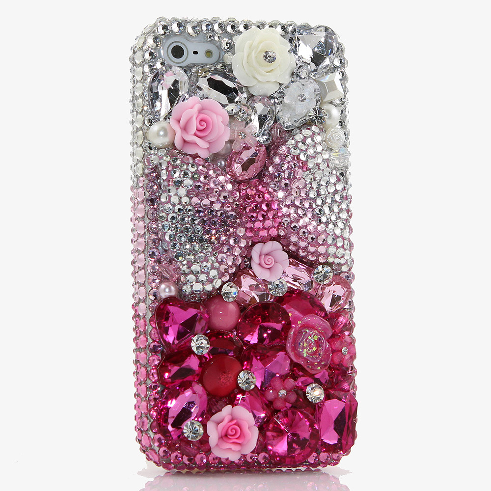 Bling Crystals Phone Case for iPhone 6 / 6s, iPhone 6 / 6s PLUS, iPhone 4, 5, 5S, 5C, Samsung Note 2, Note 3, Note 4, Galaxy S3, S4, S5, S6, S6 Edge, HTC ONE M9 (CLEAR AND PINK BOW DESIGN) By LuxAddiction