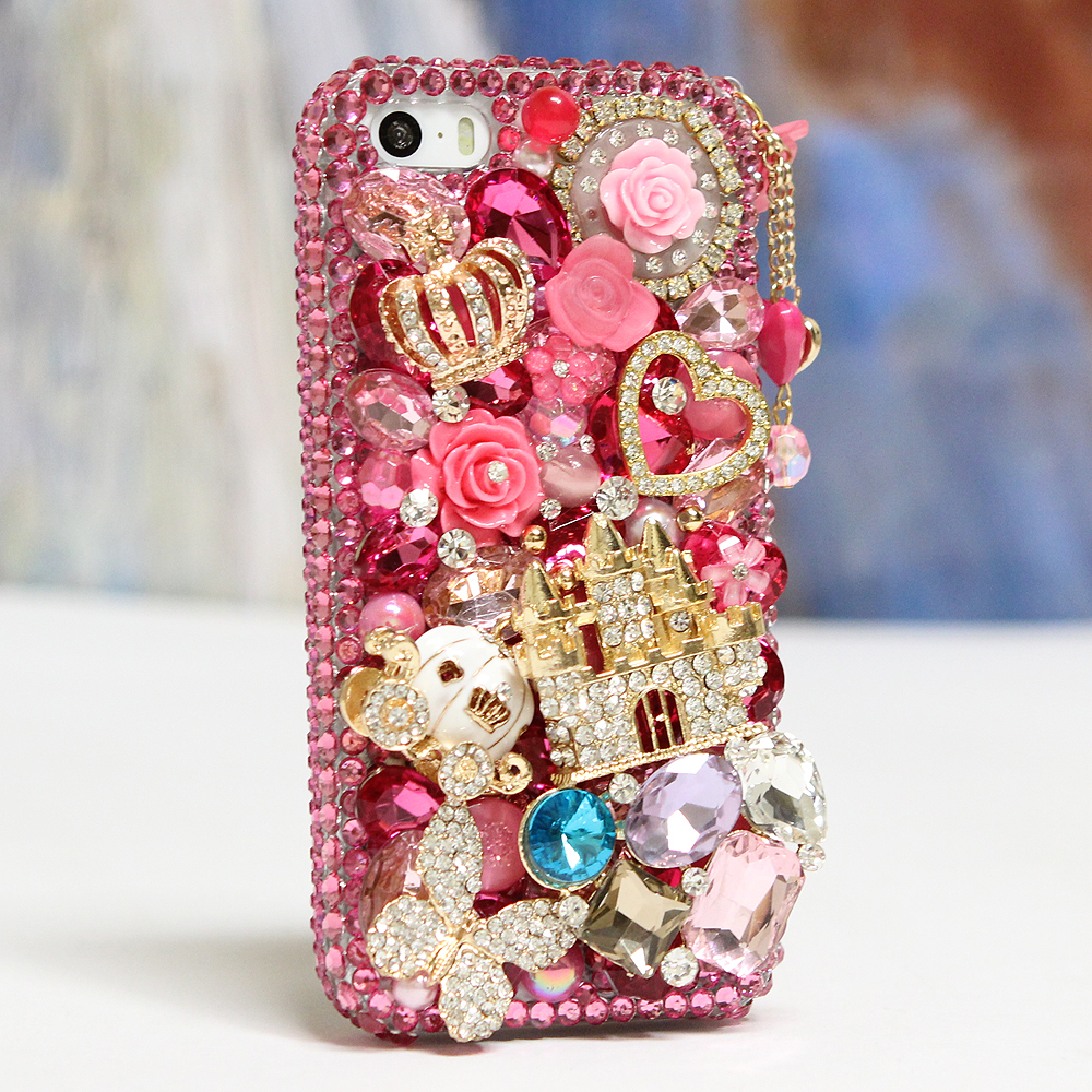 Bling Crystals Phone Case for iPhone 6 / 6s, iPhone 6 / 6s PLUS, iPhone 4, 5, 5S, 5C, Samsung Note 2, Note 3, Note 4, Galaxy S3, S4, S5, S6, S6 Edge, HTC ONE M9 (HOT PINK CASTLE DESIGN WITH PHONE CHARM) By LuxAddiction