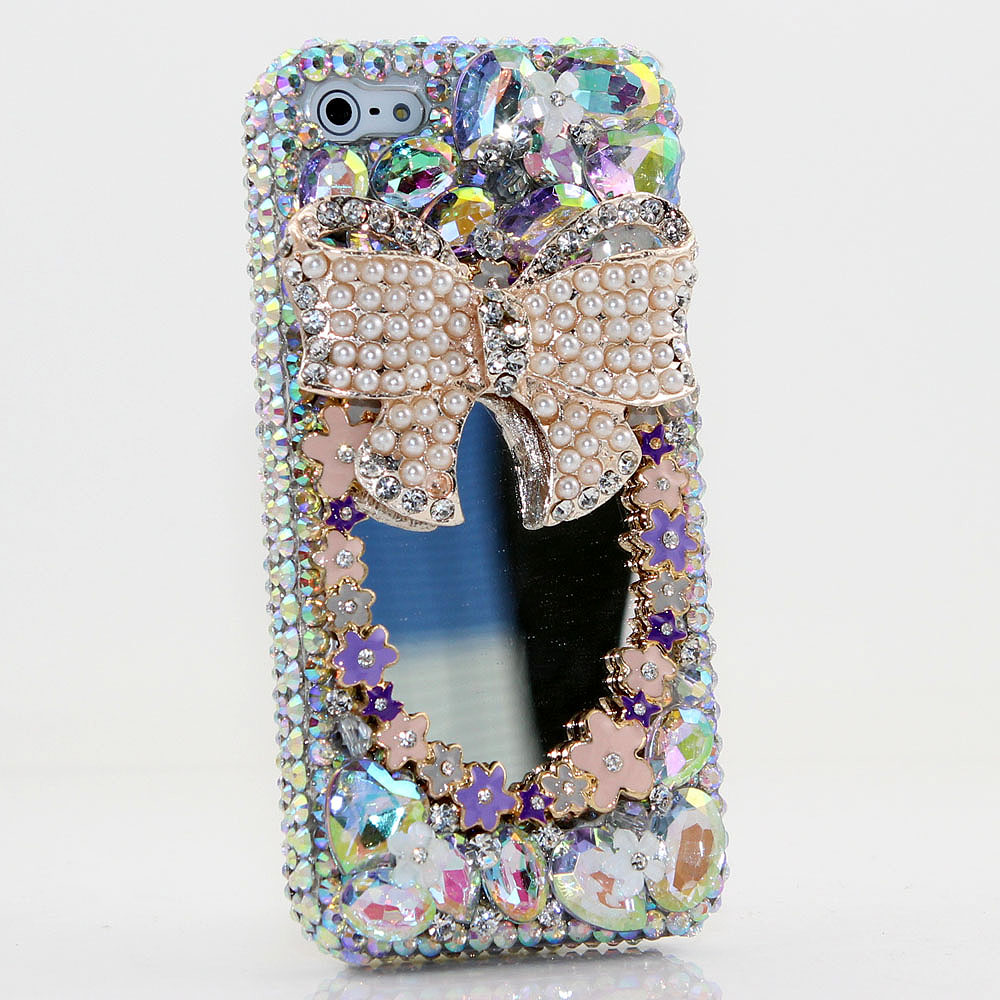 Bling Crystals Phone Case for iPhone 6 / 6s, iPhone 6 / 6s PLUS, iPhone 4, 5, 5S, 5C, Samsung Note 2, Note 3, Note 4, Galaxy S3, S4, S5, S6, S6 Edge, HTC ONE M9 (PEARL BOW MIRROR DESIGN) By LuxAddiction