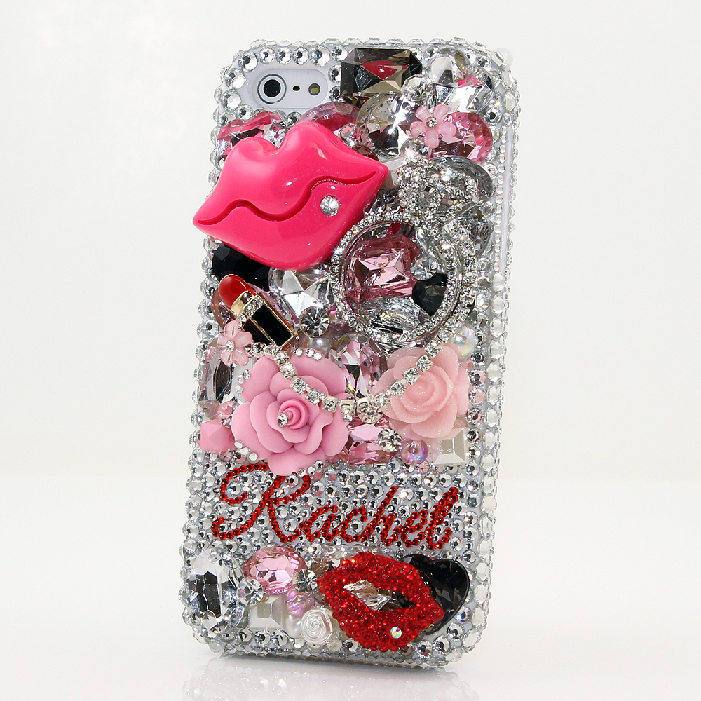 Bling Crystals Phone Case for iPhone 6 / 6s, iPhone 4, 5, 5S, 5C, Samsung Note 2, Note 3, Note 4, Galaxy S3, S4, S5, S6, S6 Edge, HTC ONE M9 (LIPSTICK LOVERS PERSONALIZED NAME & INITIALS DESIGN) By LuxAddiction