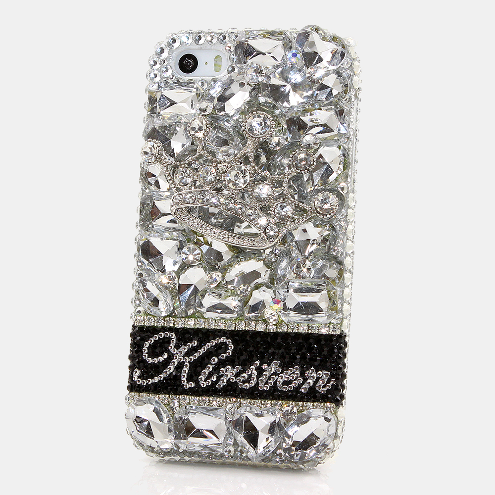 Bling Crystals Phone Case for iPhone 6 / 6s, iPhone 6 / 6s PLUS, iPhone 4, 5, 5S, 5C, Samsung Note 2, Note 3, Note 4, Galaxy S3, S4, S5, S6, S6 Edge, HTC ONE M9 (SILVER CROWN PERSONALIZED NAME & INITIALS DESIGN) By LuxAddiction