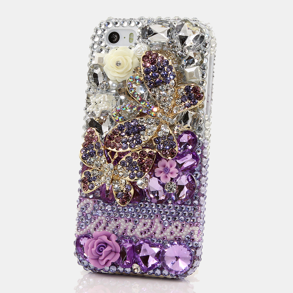 Bling Crystals Phone Case for iPhone 6 / 6s, iPhone 6 / 6s PLUS, iPhone 4, 5, 5S, 5C, Samsung Note 2, Note 3, Note 4, Galaxy S3, S4, S5, S6, S6 Edge, HTC ONE M9 (LAVENDER DOUBLE BUTTERFLY PERSONALIZED NAME & INITIALS DESIGN) By LuxAddiction