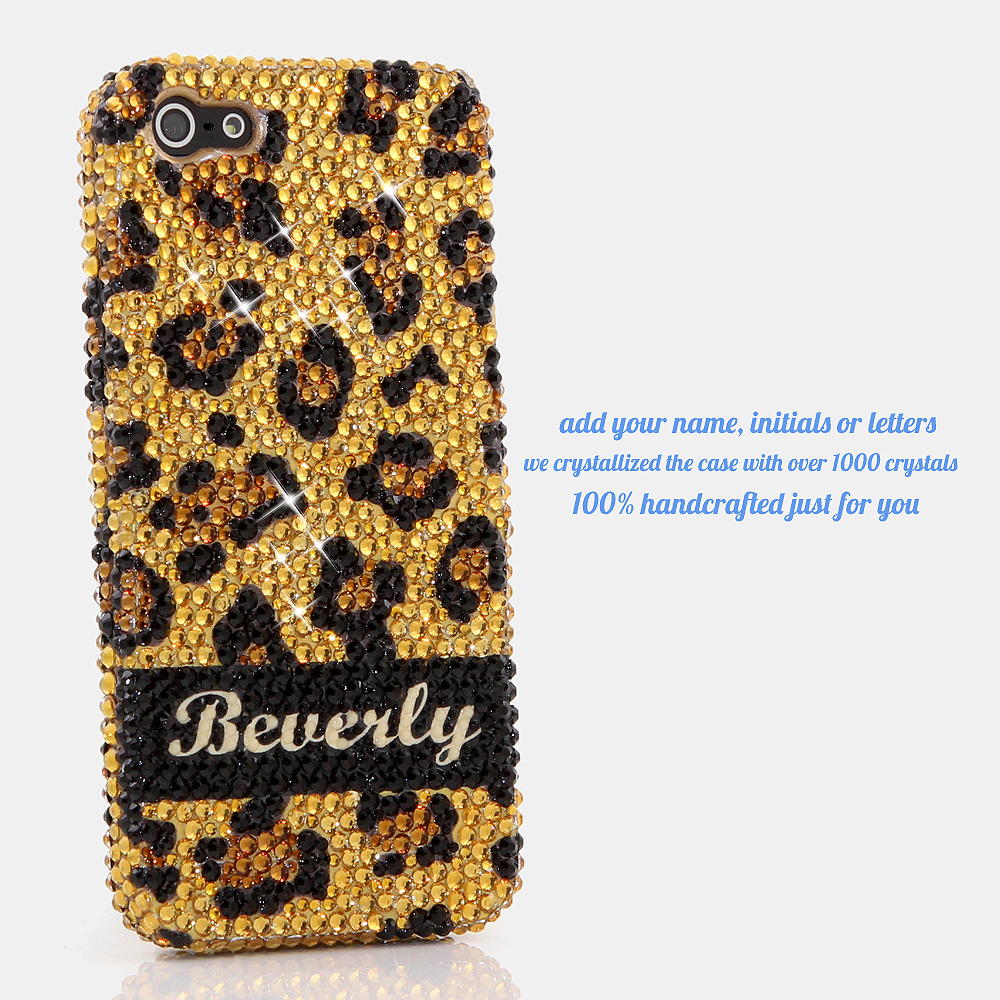 Bling Crystals Phone Case for iPhone 6 / 6s, iPhone 6 / 6s PLUS, iPhone 4, 5, 5S, 5C, Samsung Note 2, Note 3, Note 4, Galaxy S3, S4, S5, S6, S6 Edge, HTC ONE M9 (GOLDEN LEOPARD PERSONALIZED NAME & INITIALS DESIGN) By LuxAddiction