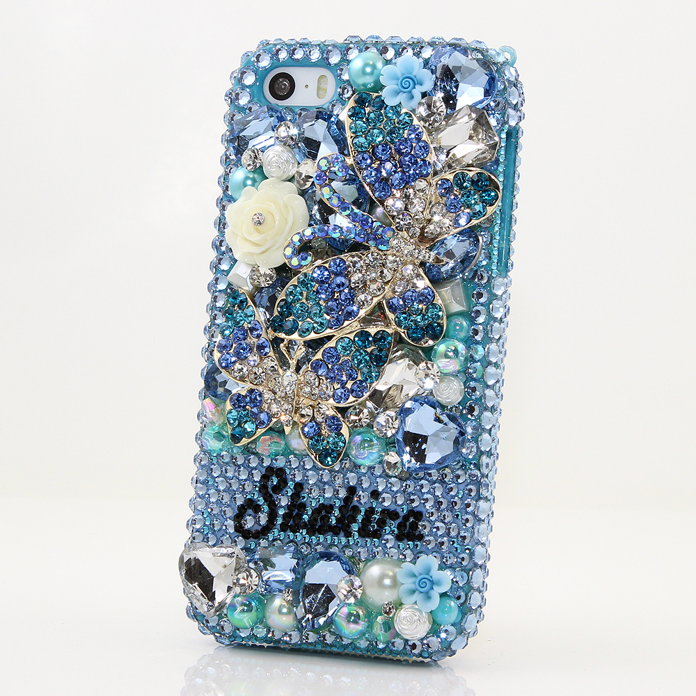 Bling Crystals Phone Case for iPhone 6 / 6s, iPhone 6 / 6s PLUS, iPhone 4, 5, 5S, 5C, Samsung Note 2, Note 3, Note 4, Galaxy S3, S4, S5, S6, S6 Edge, HTC ONE M9 (BLUE DOUBLE BUTTERFLY PERSONALIZED NAME & INITIALS DESIGN) By LuxAddiction