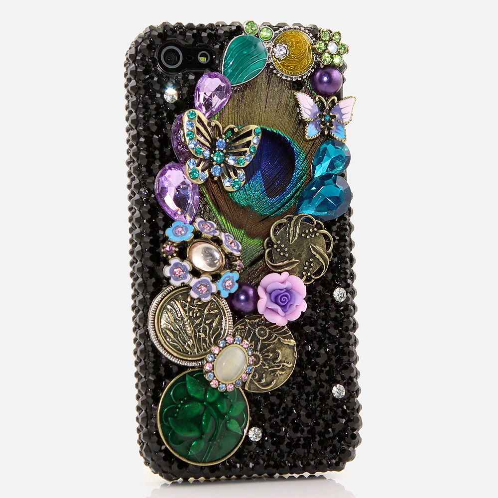 Bling Crystals Phone Case for iPhone 6 / 6s, iPhone 6 / 6s PLUS, iPhone 4, 5, 5S, 5C, Samsung Note 2, Note 3, Note 4, Galaxy S3, S4, S5, S6, S6 Edge, HTC ONE M9 (PEACOCK FEATHER DESIGN) By LuxAddiction
