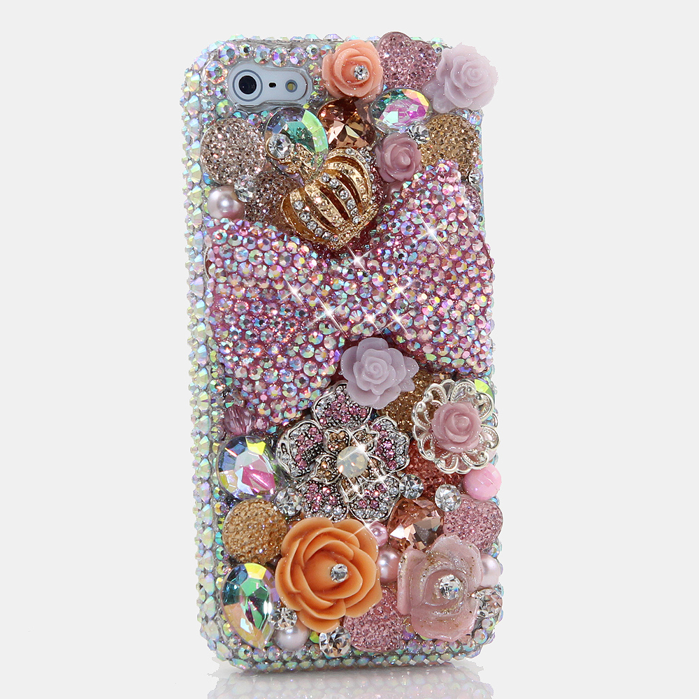 Bling Crystals Phone Case for iPhone 6 / 6s, iPhone 6 / 6s PLUS, iPhone 4, 5, 5S, 5C, Samsung Note 2, Note 3, Note 4, Galaxy S3, S4, S5, S6, S6 Edge, HTC ONE M9 (PINK BOW AND ROSES DESIGN) By LuxAddiction
