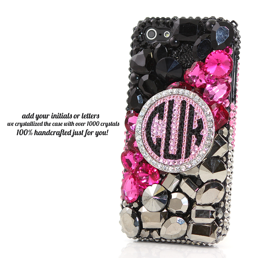 Bling Crystals Phone Case for iPhone 6 / 6s, iPhone 6 / 6s PLUS, iPhone 4, 5, 5S, 5C, Samsung Note 2, Note 3, Note 4, Galaxy S3, S4, S5, S6, S6 Edge, HTC ONE M9 (BLACK, PINK, AND METALLIC PERSONALIZED MONOGRAM DESIGN) By LuxAddiction