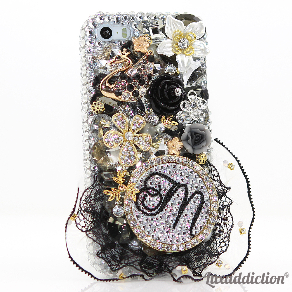 Bling Crystals Phone Case for iPhone 6 / 6s, iPhone 6 / 6s PLUS, iPhone 4, 5, 5S, 5C, Samsung Note 2, Note 3, Note 4, Galaxy S3, S4, S5, S6, S6 Edge, HTC ONE M9 (3D BLACK SWAN PERSONALIZED MONOGRAM DESIGN) By LuxAddiction