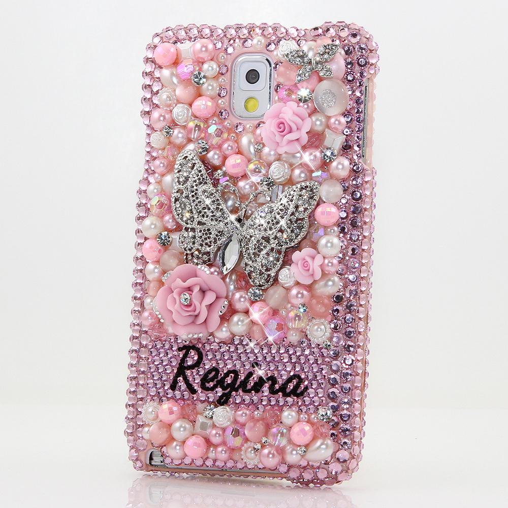 Bling Crystals Phone Case for iPhone 6 / 6s, iPhone 6 / 6s PLUS, iPhone 4, 5, 5S, 5C, Samsung Note 2, Note 3, Note 4, Galaxy S3, S4, S5, S6, S6 Edge, HTC ONE M9 (3D PINK BUTTERFLY PERSONALIZED NAME & INITIALS DESIGN) By LuxAddiction