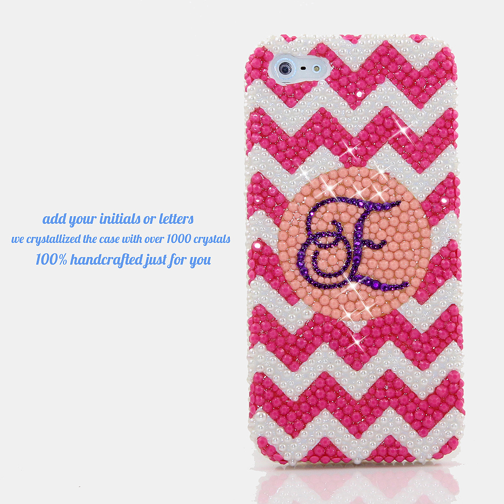 Bling Crystals Phone Case For IPhone 6 / 6s, IPhone 6 / 6s PLUS, iPhone 4, 5, 5S, 5C, Samsung Note 2, Note 3, Note 4, Galaxy S3, S4, S5, S6, S6 Edge, HTC ONE M9 (PINK AND WHITE CHEVRON PERSONALIZED MONOGRAM DESIGN) By LuxAddiction