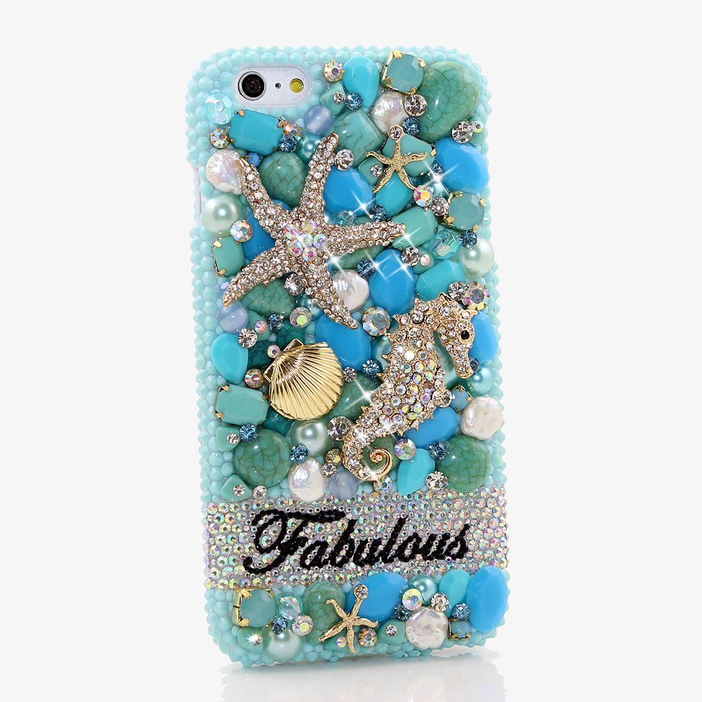 Bling Crystals Phone Case for iPhone 6 / 6s, iPhone 6 / 6s PLUS, iPhone 4, 5, 5S, 5C, Samsung Note 2, Note 3, Note 4, Galaxy S3, S4, S5, S6, S6 Edge, HTC ONE M9 (TURQUOISE OCEAN PERSONALIZED NAME & INITIALS DESIGN) By LuxAddiction