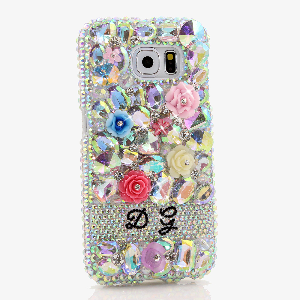 Bling Crystals Phone Case for iPhone 6 / 6s, iPhone 6 / 6s PLUS, iPhone 4, 5, 5S, 5C, Samsung Note 2, Note 3, Note 4, Galaxy S3, S4, S5, S6, S6 Edge, HTC ONE M9 (AB STONES AND FLORALS PERSONALIZED NAME & INITIALS DESIGN) By LuxAddiction