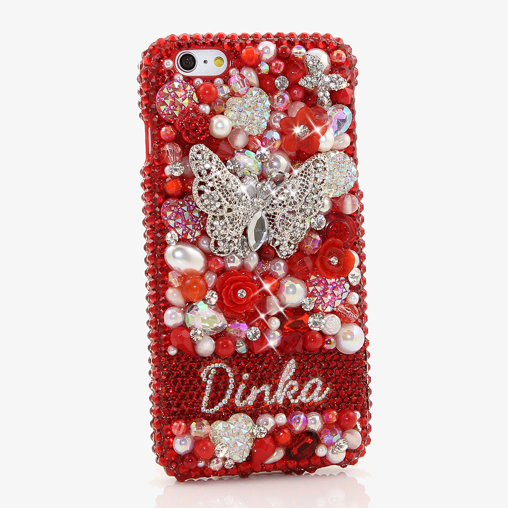 Bling Crystals Phone Case for iPhone 6 / 6s, iPhone 6 / 6s PLUS, iPhone 4, 5, 5S, 5C, Samsung Note 2, Note 3, Note 4, Galaxy S3, S4, S5, S6, S6 Edge, HTC ONE M9 (RED GARDEN PERSONALIZED NAME & INITIALS DESIGN ) By LuxAddiction