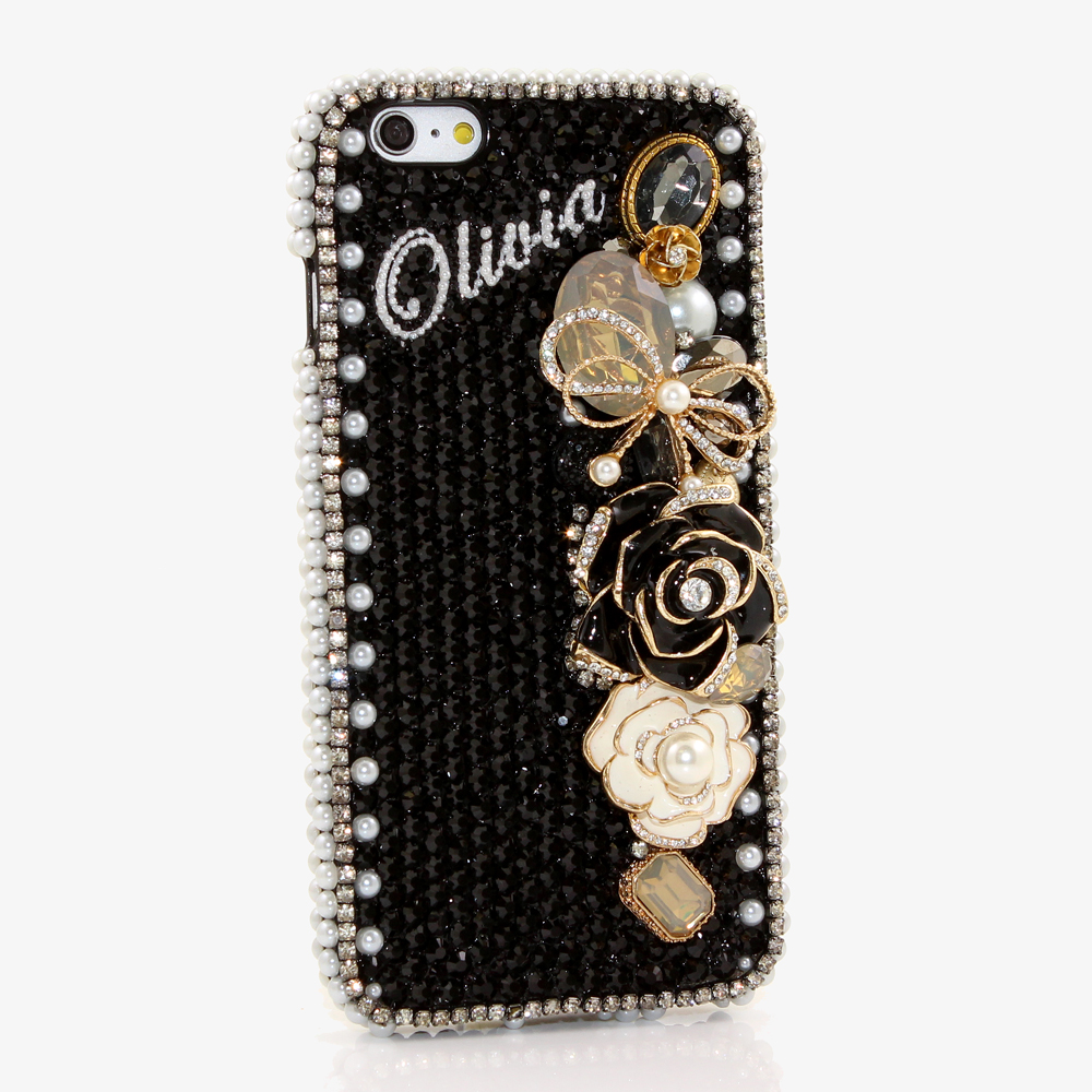 Bling Crystals Phone Case for iPhone 6 / 6s, iPhone 6 / 6s PLUS, iPhone 4, 5, 5S, 5C, Samsung Note 2, Note 3, Note 4, Galaxy S3, S4, S5, S6, S6 Edge, HTC ONE M9 (BLACK AND GOLD ELEGANT PERSONALIZED NAME & INITIALS DESIGN) By LuxAddiction