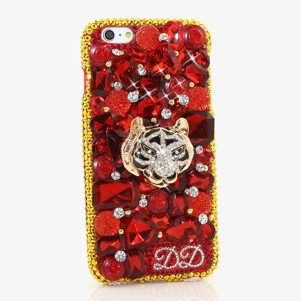 Bling Crystals Phone Case for iPhone 6 / 6s, iPhone 6 / 6s PLUS, iPhone 4, 5, 5S, 5C, Samsung Note 2, Note 3, Note 4, Galaxy S3, S4, S5, S6, S6 Edge, HTC ONE M9 (GOLDEN TIGER PERSONALIZED NAME & INITIALS DESIGN ) By LuxAddiction