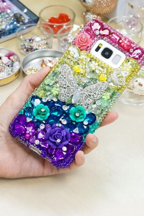 Rainbow Butterfly Rose Garden Genuine Crystals Diamond Sparkle Bling Case For iPhone X XS Max XR 7 8 Plus Samsung Galaxy S9 Note 9