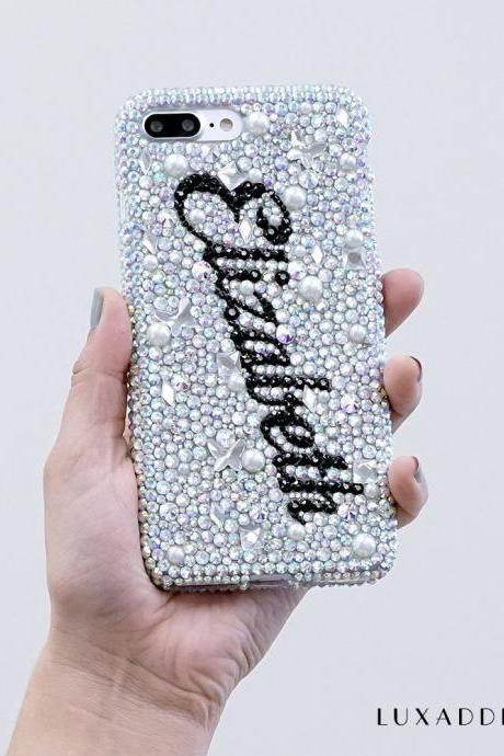 Personalized Name Initials Genuine Aurora Borealis Crystals Pearls Bling Case For iPhone X XS Max XR 7 8 Plus Samsung Galaxy S9 Note 9 / 8