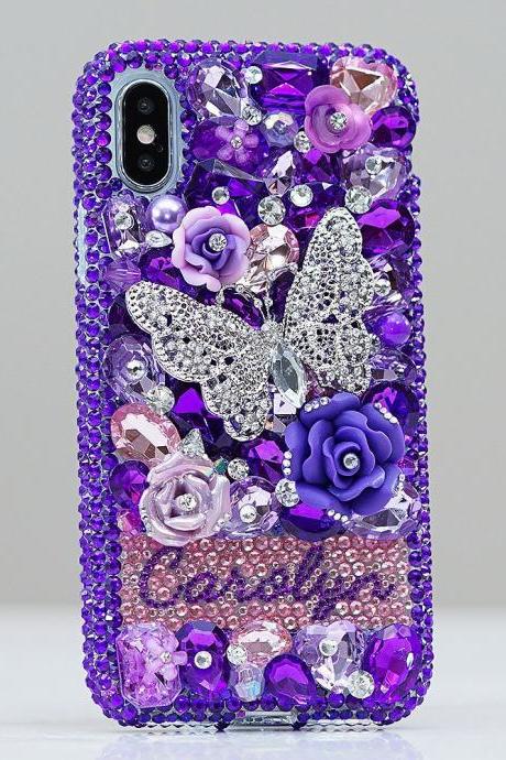 Purple Butterfly Design Personalized Name Initials Genuine Crystals Bling Case For iPhone X XS Max XR 7 8 Plus Samsung Galaxy S9 Note 9 / 8