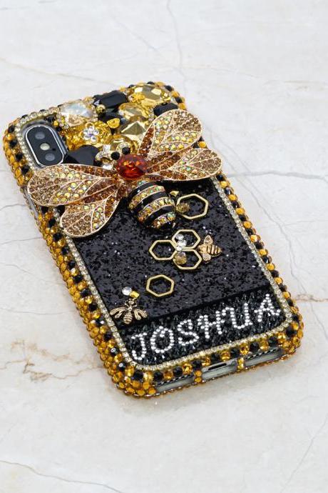 Bumblebee Personalized Name Initials Genuine Gold Stones Crystals Bling Case For iPhone X XS Max XR 7 8 Plus Samsung Galaxy S9 Note 9 / 8