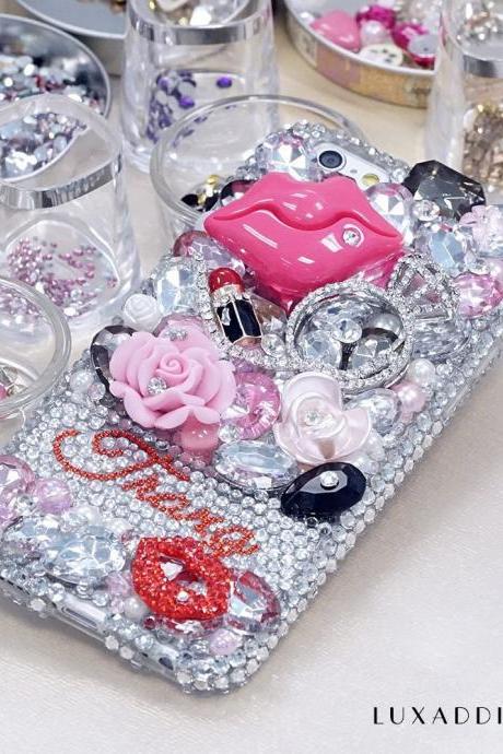 Princess Design Personalized Name Initials Genuine Clear Crystals Bling Case For iPhone X XS Max XR 7 8 Plus Samsung Galaxy S9 Note 9 / 8