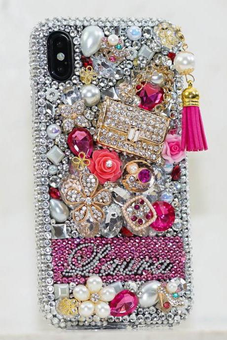 Personalized Name Initials Genuine Clear Pink Crystals Charm Tassel Bling Case For iPhone X XS Max XR 7 8 Plus Samsung Galaxy S9 Note 9 / 8
