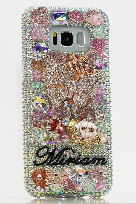 Butterfly Princess Personalized Name Initials Genuine Crystals Bling Case For iPhone X XS Max XR 7 8 Plus Samsung Galaxy S9 Note 9 / 8
