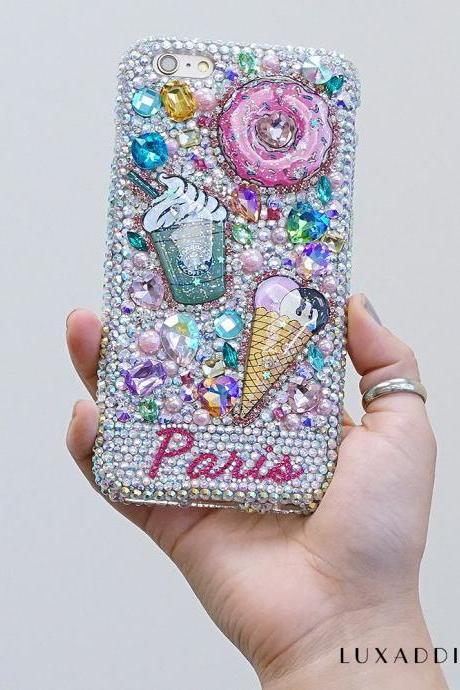 Starbucks Pastry Donuts Personalized Name Initials Genuine Crystals Bling Case For iPhone X XS Max XR 7 8 Plus Samsung Galaxy S9 Note 9 / 8