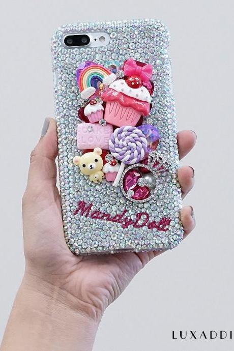 Yummy Sweets Bear Personalized Name Initials Genuine Crystals Bling Case For iPhone X XS Max XR 7 8 Plus Samsung Galaxy S9 Note 9 / 8